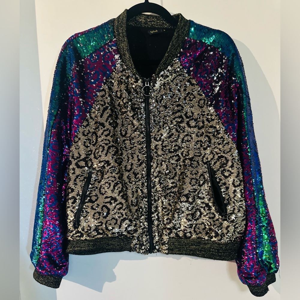 Splash Sequin Bomber Jacket in Silver and Purple - Picture 2 of 11